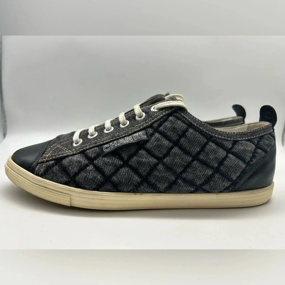 Chanel quilted denim leather lined low top sneakers shoes authentic 38